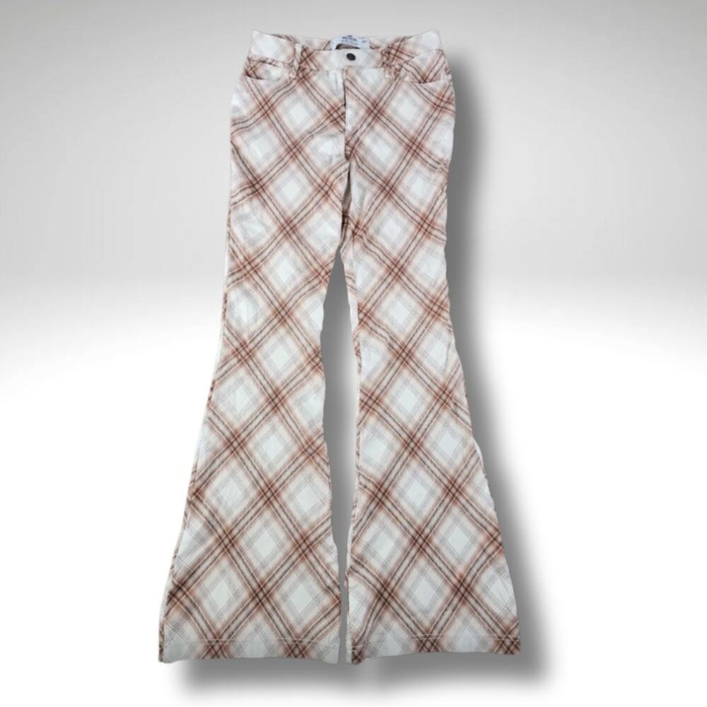 Soft Stretch, Cozy Brown + Cream Plaid Cabincore Flares Small